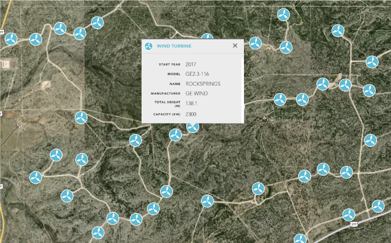 Energy Infrastructure Map Example Showing Wind Turbine Locations and Data