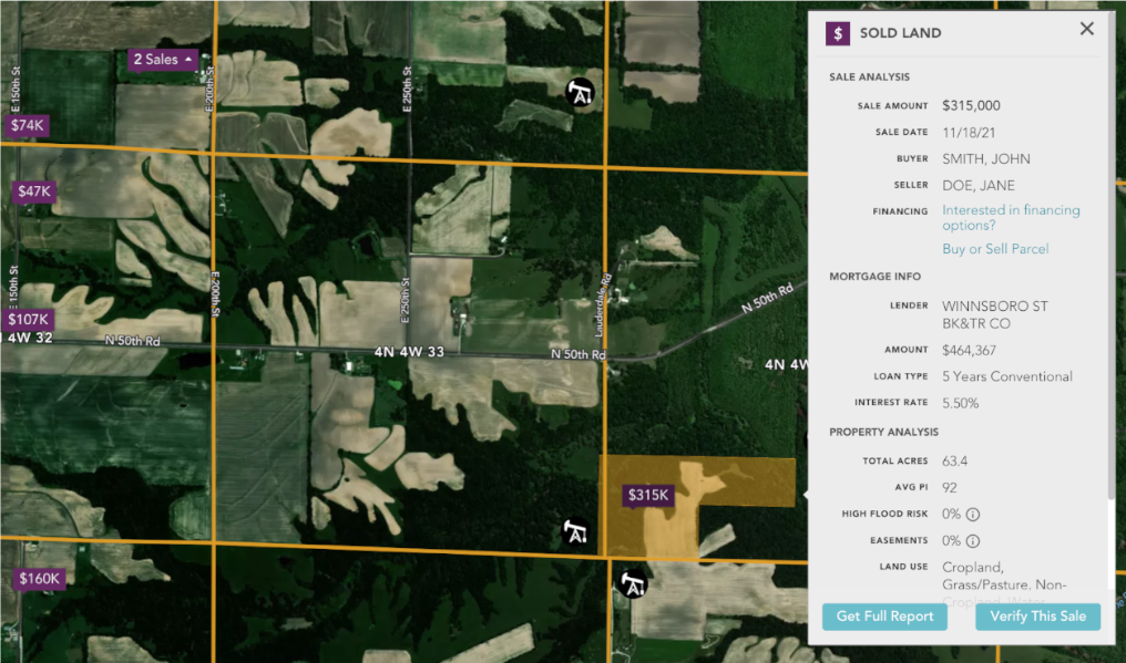 Sold Land Map Example Showing Mortgage Data