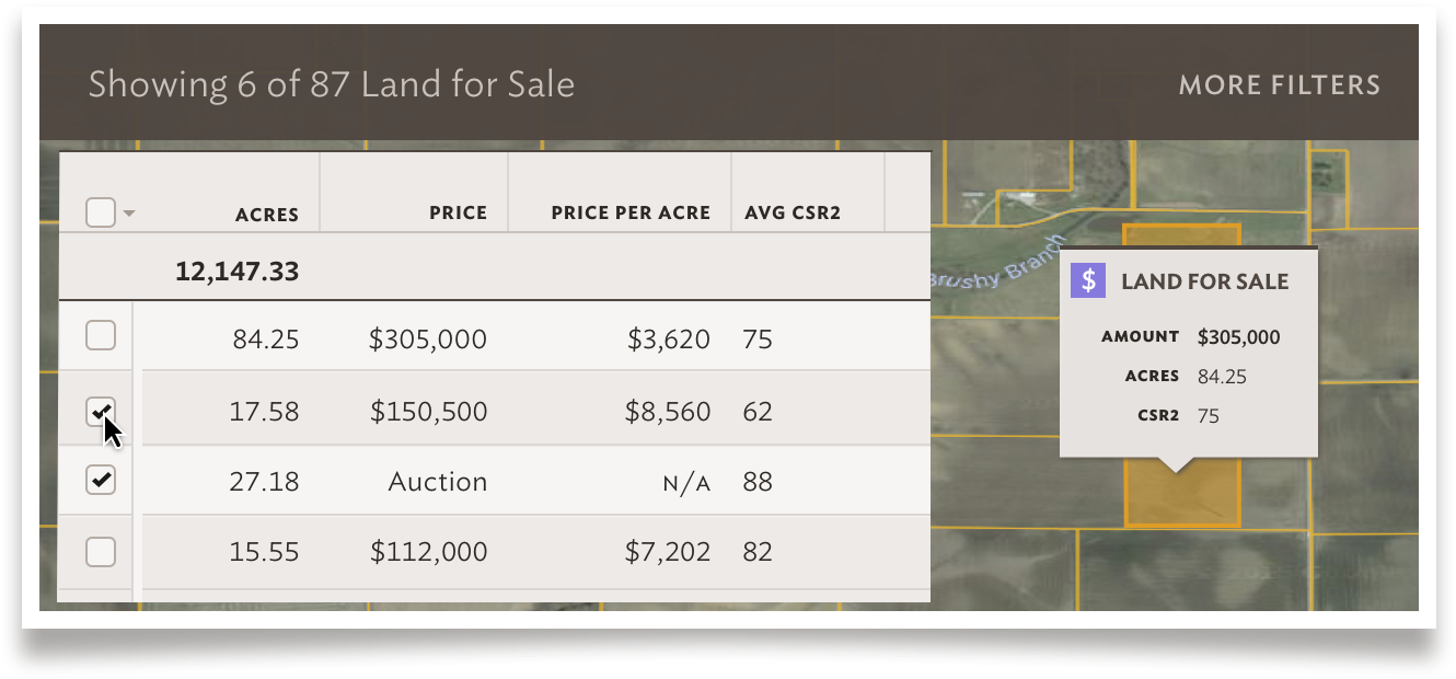 Land for Sale Land Listings Data Table View Example